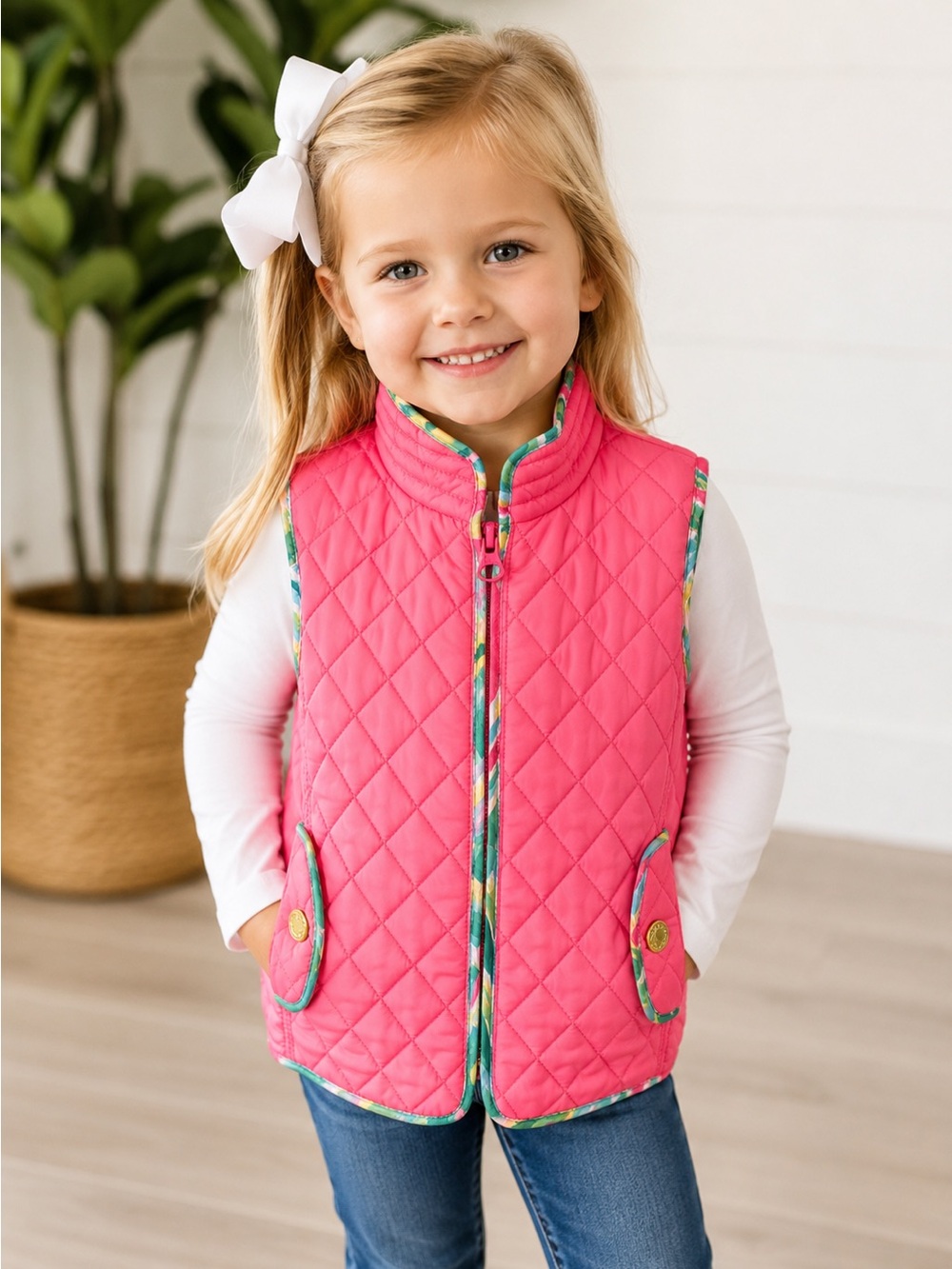 Lilly Pulitzer Girls Pink Quilted Puffer Vest Preppy Palm Floral Trim XS 2-3